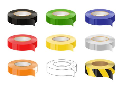 insulation duct tape roll vector. Set of masking adhesive realistic tapes for packaging: black, transparent, green, blue, red, yellow, grey, orange, black and caution tape. illustrated isolated