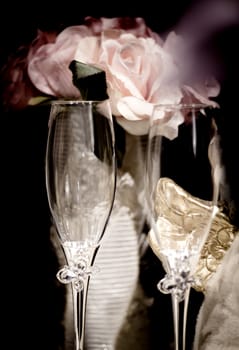Glasses on top of a table. Wedding decoration