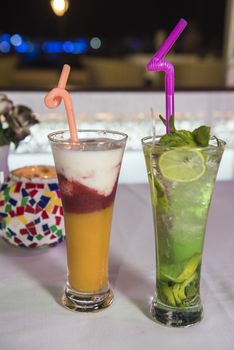 Non alcoholic fruit cocktail drink on table in restaurant 