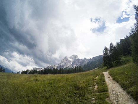 Green summer grass with trail and beautiful view on landscape of Dolomites moutains and a gree forest on a background. South Tyrol, Italy, Alp. Captured on action camera.