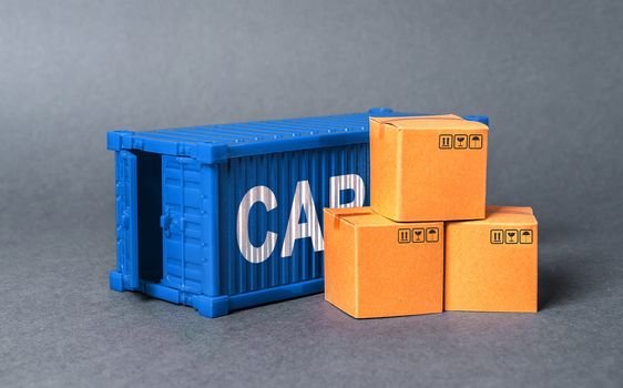 Blue cargo container with boxes. The concept of commerce and trade, cargo delivery, exchange of goods. Globalization. Performance efficient production. Business and industry, transport infrastructure.