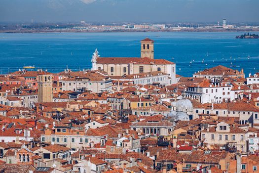 Venice panoramic aerial view with red roofs, Veneto, Italy. Aeri