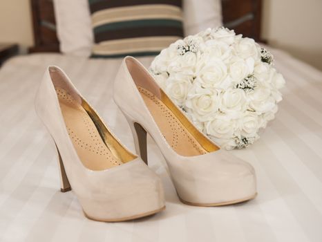 Closeup detail of bridal stiletto shoes