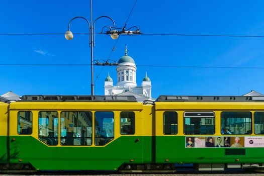 Tram and the Lutheran Cathedral, in Helsinki