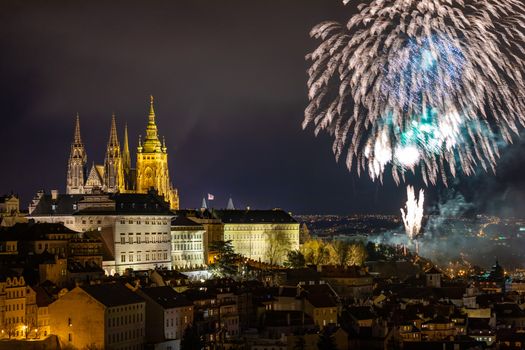 Fireworks over the Old Town of Prague, Czech Republic. New Year 