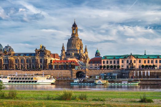 Dresden city skyline panorama at Elbe River and Augustus Bridge,