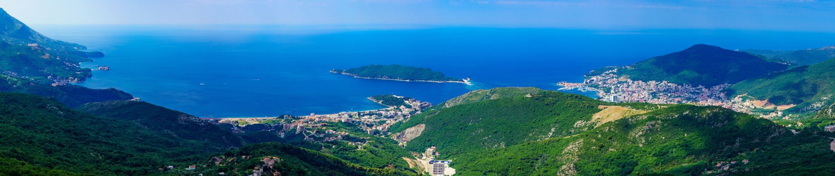 Panoramic view of the Adriatic Sea coast, with Budva, and the Islands Sveti Nikola and Sveti Stefan. Montenegro