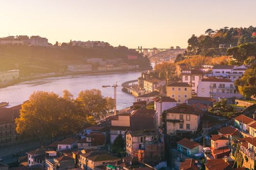 Ancient city of Porto with old multi-colored houses with red roo