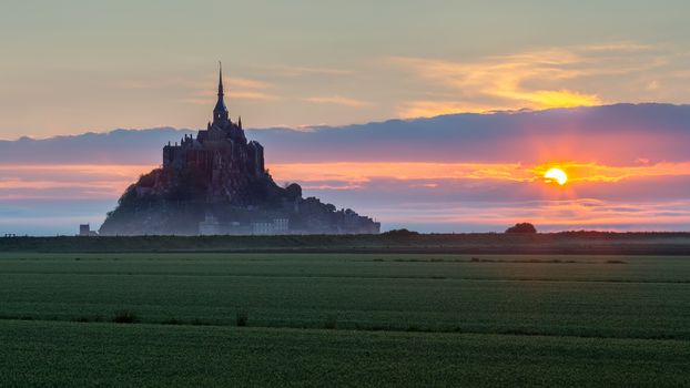 Beautiful panoramic view of famous Le Mont Saint-Michel tidal is