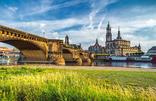 Scenic summer view of the Old Town architecture with Elbe river 
