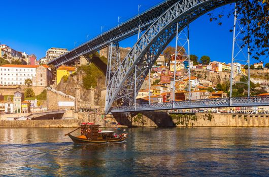Porto panoramic aerial view of Dom Luis Bridge and houses with r