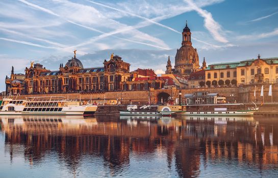 Dresden city skyline panorama at Elbe River and Augustus Bridge,