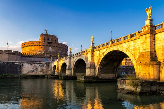 Rome, Italy. Ponte Sant Angelo, Castel Sant Angelo and Tiber Riv