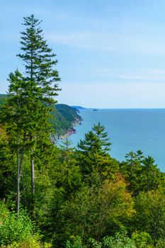 View of coastal landscape in Fundy Trail Parkway park, New Brunswick, Canada