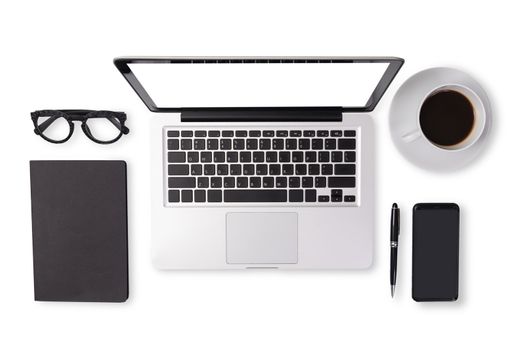 flat lay of men device accessories in black tone color on office desk table such as notebook laptop computer , cup of coffee , glasses , pen , mobile smart phone and notebook with clipping path