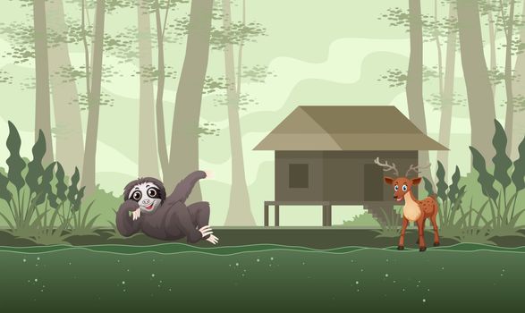 animals are playing in the forest