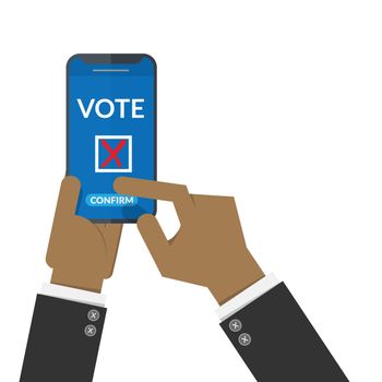 voting online concept. black people hand press confirm button for vote via mobile smart phone. electronic voting, election internet system.