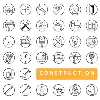 vector of outline construction icons set. building, construction, home repair and renovation tools