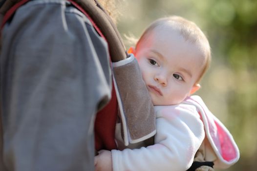 Little baby girl sitting in a baby carrier