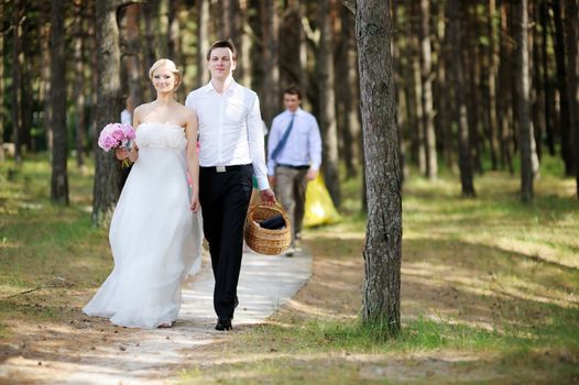 Bride and groom having a walk