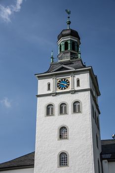 Church tower with belfry in the Westerwald