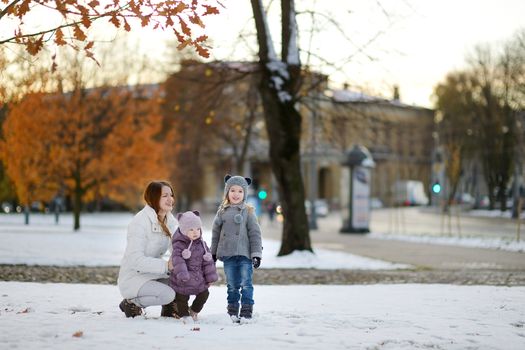 Family having fun at winter city
