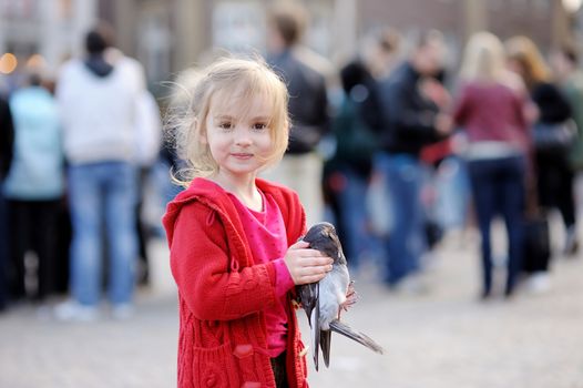 Cute little girl holding a pigeon
