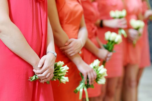 Row of bridesmaids with bouquets