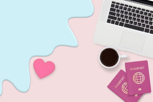 flat lay of couple passport , cup of coffee and computer laptop on pastel pink color background with copy space decorate with red heart and blue wave . honeymoon travel , visa and vacation concept