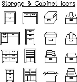 Cabinet, Drawer, Table & Storage icon set in thin line style