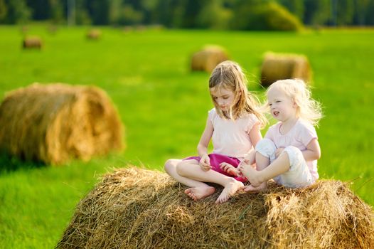 Two little sisters sitting on a haystack