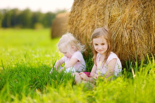 Two little sisters sitting on a haystack