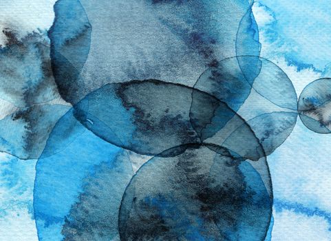Blue abstract circle watercolor background. Hand drawn circles i