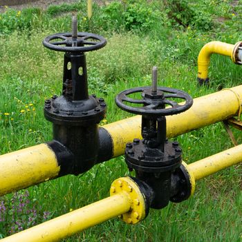 two massive black valves on a yellow gas pipe