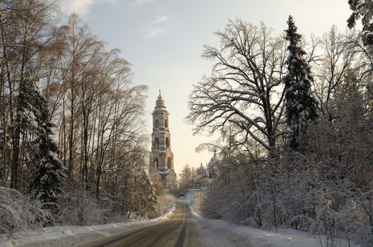 Winter view of the Russian ancient bell tower