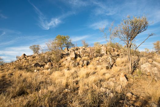 Rocky landscape of Namibian Kunene Region during winter sunset