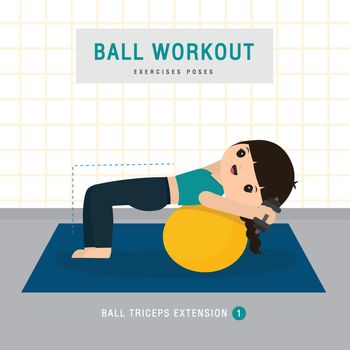 Ball Workout. Woman doing Stability ball exercise and yoga Cartoon Vector