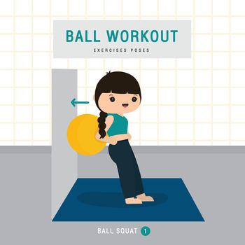 Ball Workout. Woman doing Stability ball exercise and yoga Cartoon Vector