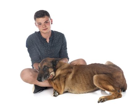malinois and boy in studio