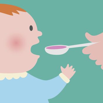 Close up of baby taking spoon of pink syrup medicine