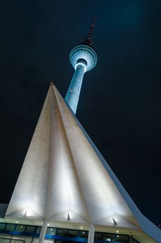 Fersehturm TV tower at night in Berlin, Germany