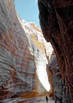 View up from the interior of the Siq leading into the new seventh wonder of the world of Petra in Jordan
