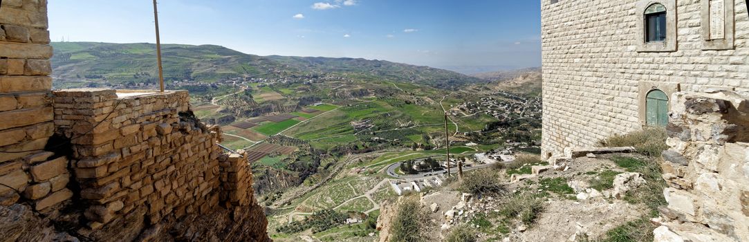 View from the Crusader castle to a small Jordanian village, a suburb of the big city Karak