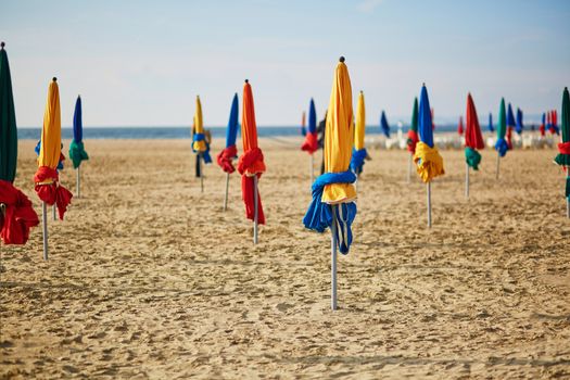 The famous colorful parasols on Deauville Beach, Normandy