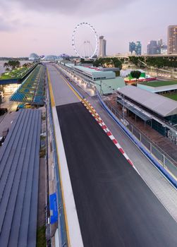 Singapore Formula One Circuit and cityscape at sunrise
