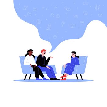 A couple attending a therapy session with a female mental specialist. Family psychotherapy session. Conversation with a psychologist. Icons in the speech bubble