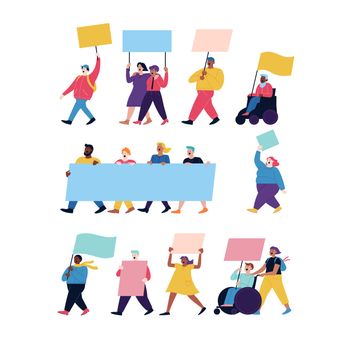 Flat illustration of a protest march. Different people walking together holding banners and posters