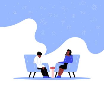 A person attending a therapy session with a black female mental specialist. Personal psychotherapy session. Conversation with a psychologist. Icons in the speech bubble
