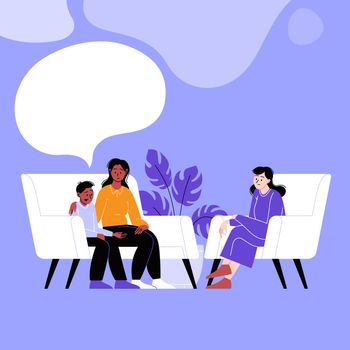 A woman and her son attending a therapy session with a female mental specialist. Family psychotherapy session. Conversation with a psychologist. Speech bubbles
