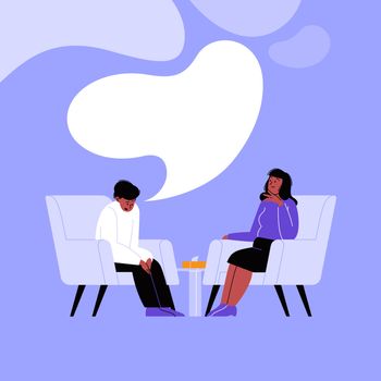 A person attending a therapy session with a black female mental specialist. Personal psychotherapy session. Conversation with a psychologist. Speech bubbles